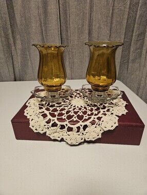 Fenton Glass, 3-legged Taper Candle Holders W/ Amber Votives